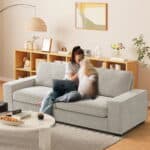 3 seating beige color modern loveseat sofa placed in a living room and a girl is sitting on it with her cute dog