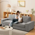 3 seating grey color modern loveseat sofa placed in a living room and a girl is sitting on it with her cute dog