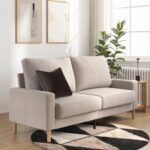 modern 2 seater upholstered sofa velvet & fabric options beige left angle view